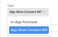 3. Select the App Store Connect API key type.