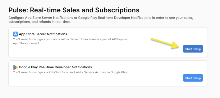 Start setting up App Store Server notifications. We’ll need two API keys from you and in turn we’ll generate a Server URL that you’ll need to place in your app’s config in App Store Connect.