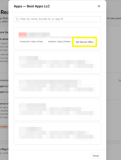 You can view the apps visible to a set of keys, update their Server URLs, and send test notifications all from Appfigures.](https://af-kb.s3.us-east-1.amazonaws.com/738/appstoreservernotifications-11.png =492xauto)We can automatically set the Server URLs on your apps. If there are any existing URLs in your app’s config they will be replaced.