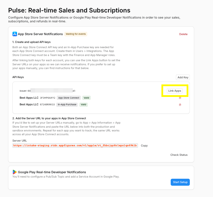 You can view the apps visible to a set of keys, update their Server URLs, and send test notifications all from Appfigures.