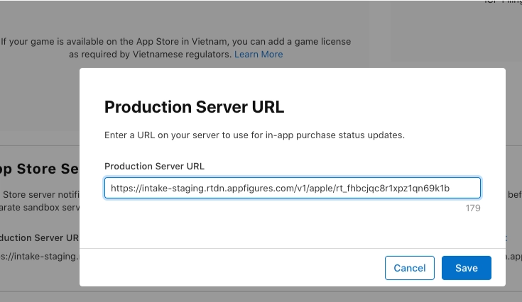 Place the Server URL from Appfigures into the app’s configuration in App Store Connect.