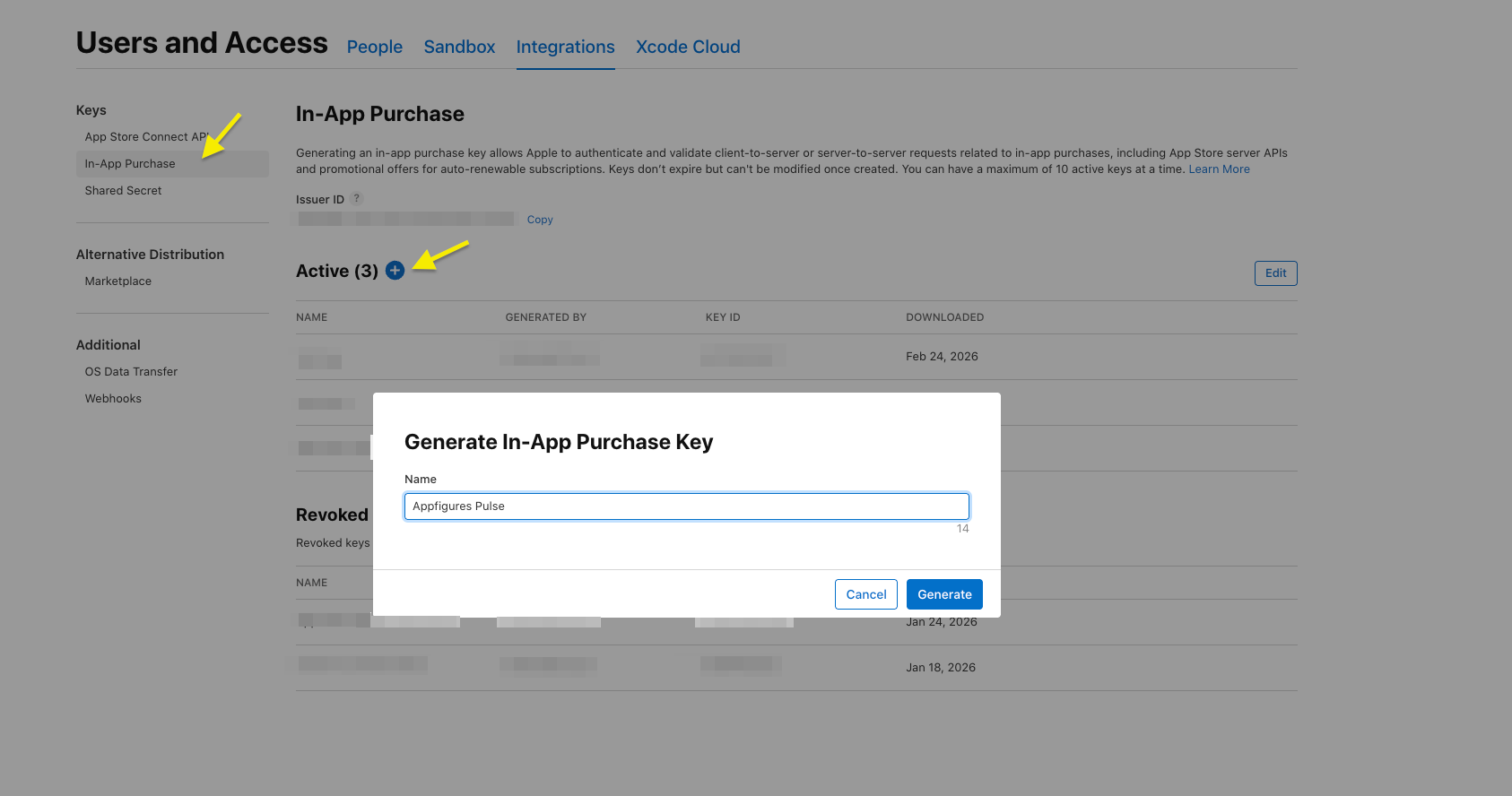 Generate a new In-App Purchase Key. We suggest naming it something that lets you know it’s being used by Appfigures.