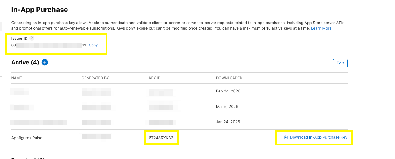 Download your new key and note the Key ID and Issuer ID which will need to be placed in Appfigures.