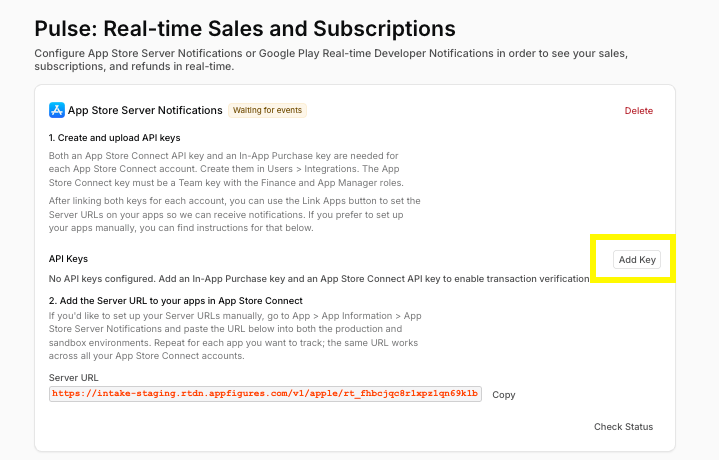 Start adding your new key to Appfigures.