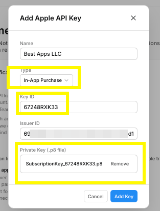 Make sure to select In-App Purchase for the key type, upload or drag-and-drop your key, and fill in the Key ID and Issuer ID.