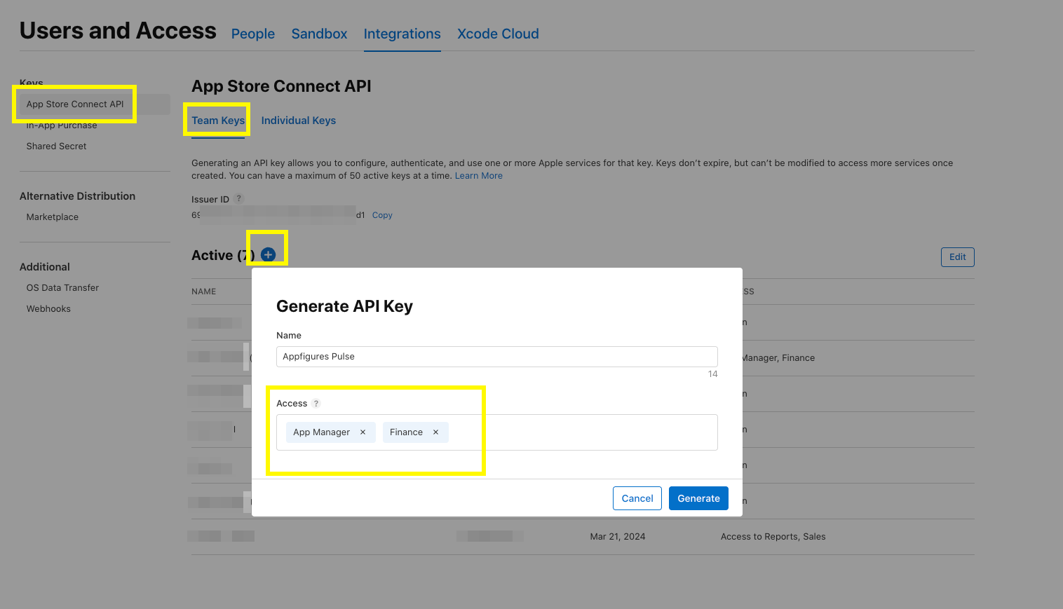 Make sure to create a Team Key with the correct permissions. You can name it whatever you’d like but we suggest something that lets you know this key is being used by Appfigures.