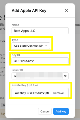 4. Upload or drag-and-drop the key and fill in the Key ID and Issuer ID