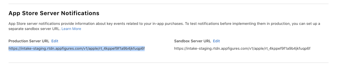 Place the Server URL from Appfigures into the app’s configuration in App Store Connect.](https://af-kb.s3.us-east-1.amazonaws.com/738/appstoreservernotifications-13.png)Verify that the Server URLs for both the Production and Sandbox environments match what’s in Appfigures.