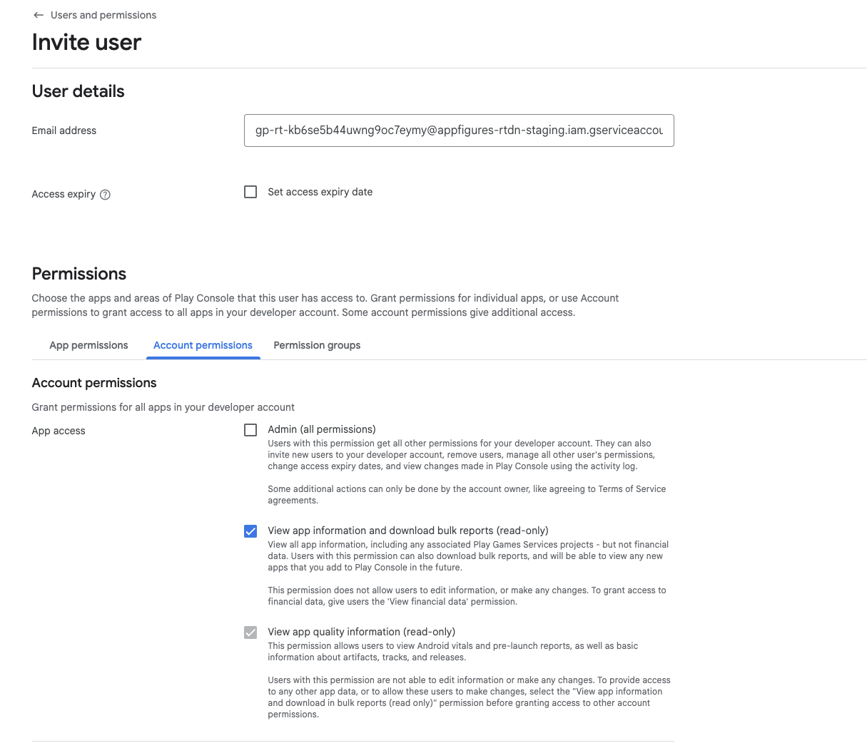 Invite our Service Account to your Google Play account.