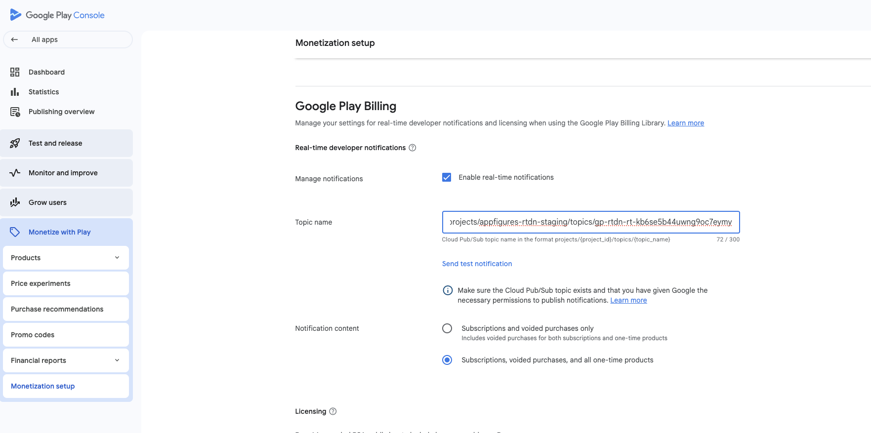 Set our Topic Name in your app’s monetization setup.