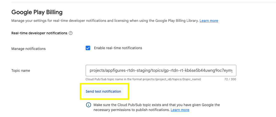 You can send test notifications from the Google Play Developer Console.